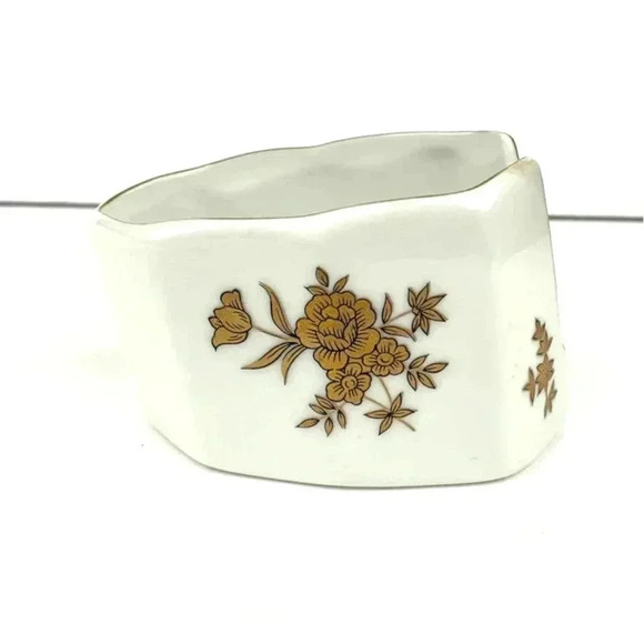 VTG China Spoon Rest Holder Japan 7736 White Gold Trim Flowers Ceramic - Picture 1 of 9